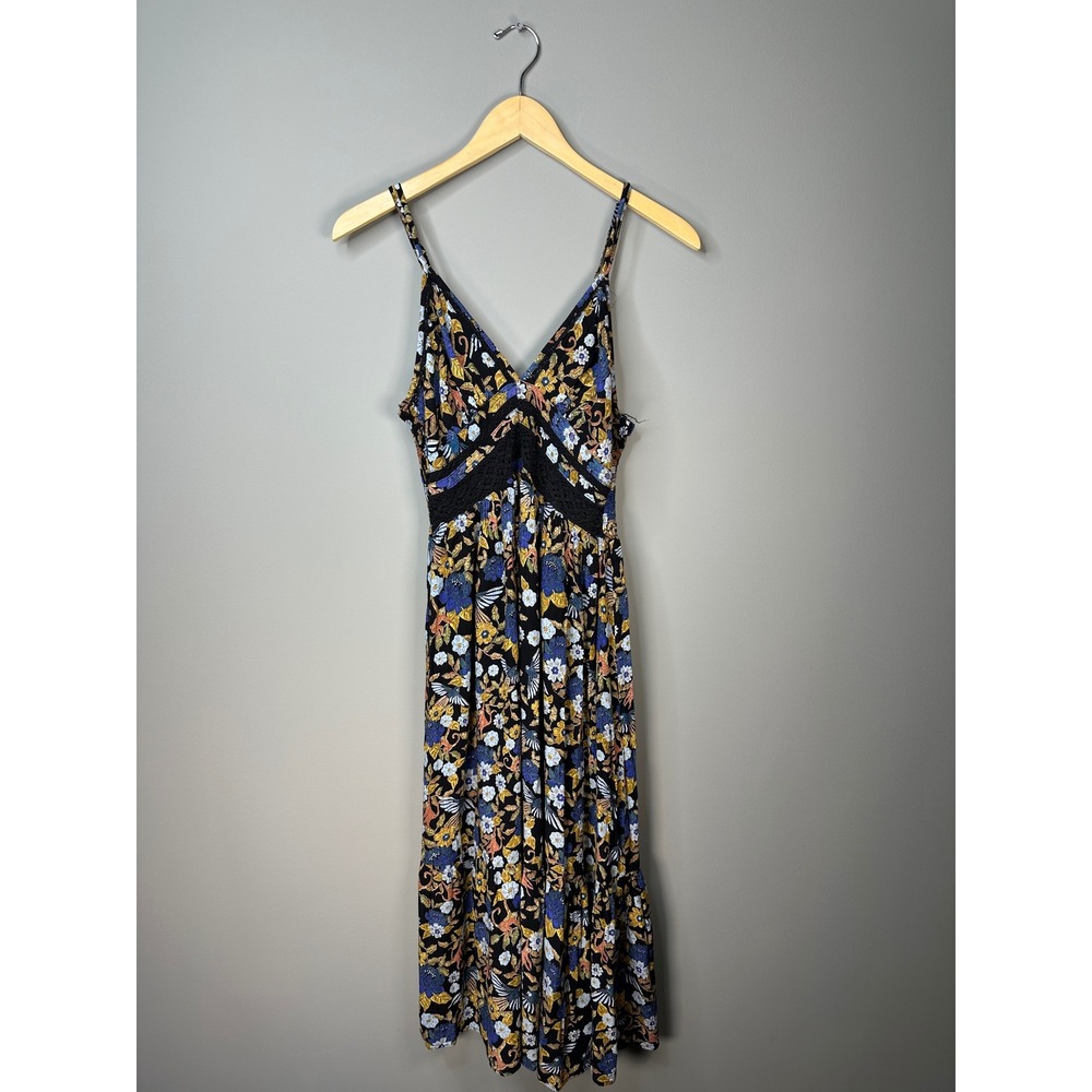 Angie Floral Midi Dress Womens Large Black Multi Crochet Lace Smocked Tiered